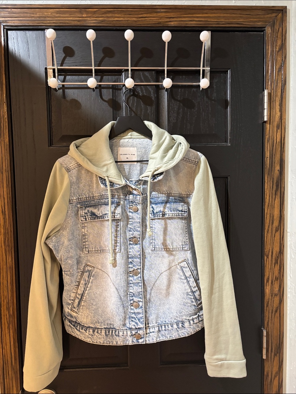 Celebrity Pink Light Wash Denim Jacket with Sage Green Hooded Sleeves